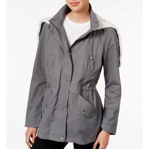 Celebrity Pink Womens Faux Fur Trim Utility Parka Storm Grey M/L